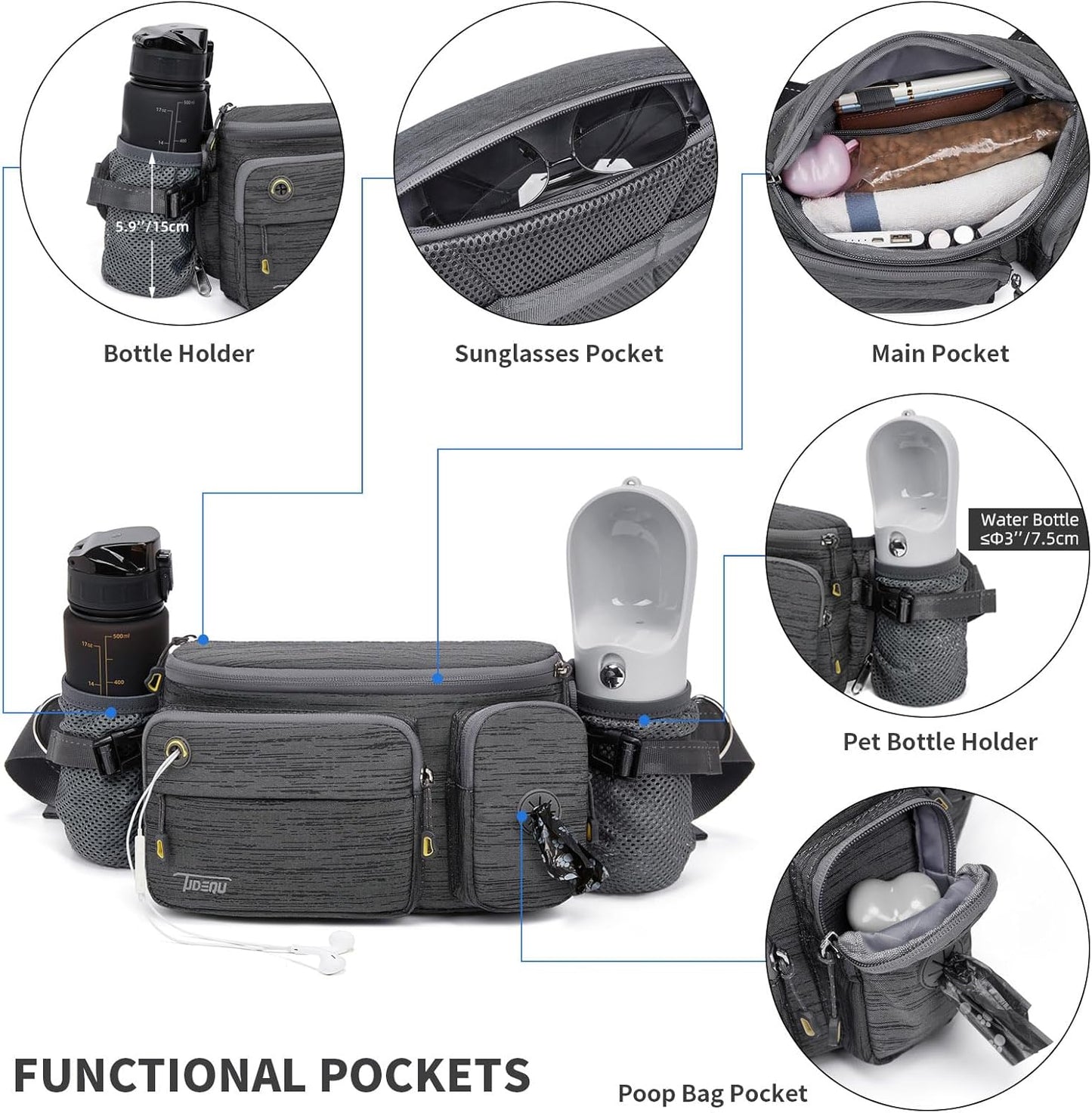 Dog leash belt with multiple functional pockets including bottle holder, sunglasses pocket, main storage compartment and poop bag dispenser for hands-free dog walking