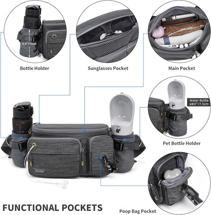 Dog leash belt with multiple functional pockets including bottle holder, sunglasses pocket, main storage compartment and poop bag dispenser for hands-free dog walking