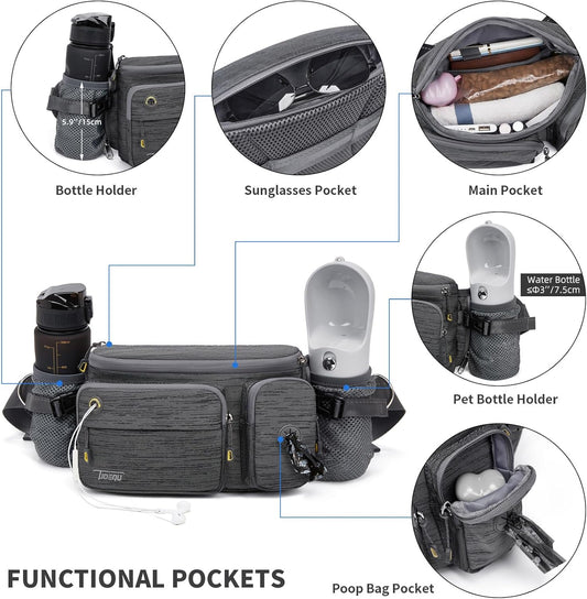 Dog leash belt with multiple functional pockets including bottle holder, sunglasses pocket, main storage compartment and poop bag dispenser for hands-free dog walking