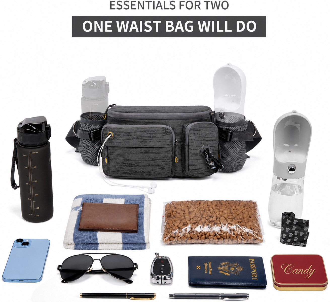 Hands-free dog leash belt with large storage capacity showing essentials like water bottles, dog treats, phone, wallet and accessories for outdoor dog walking