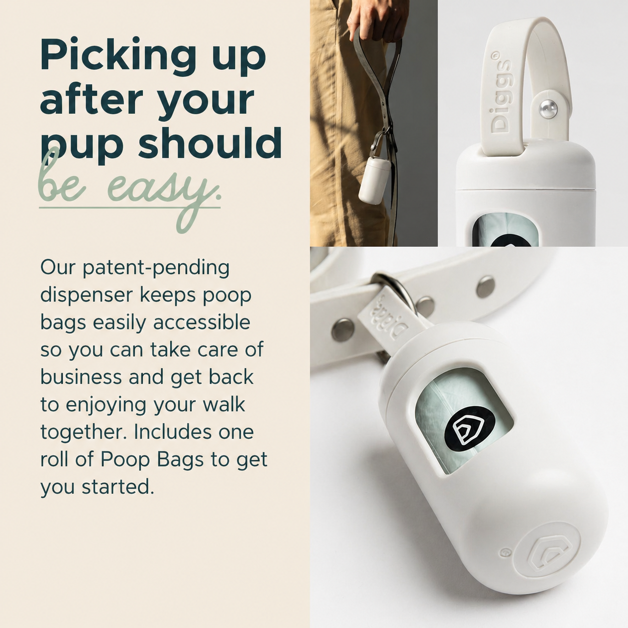 Dog poop bag dispenser attached to leash with easy access design, showing convenient dog walking cleanup solution with visible bag roll