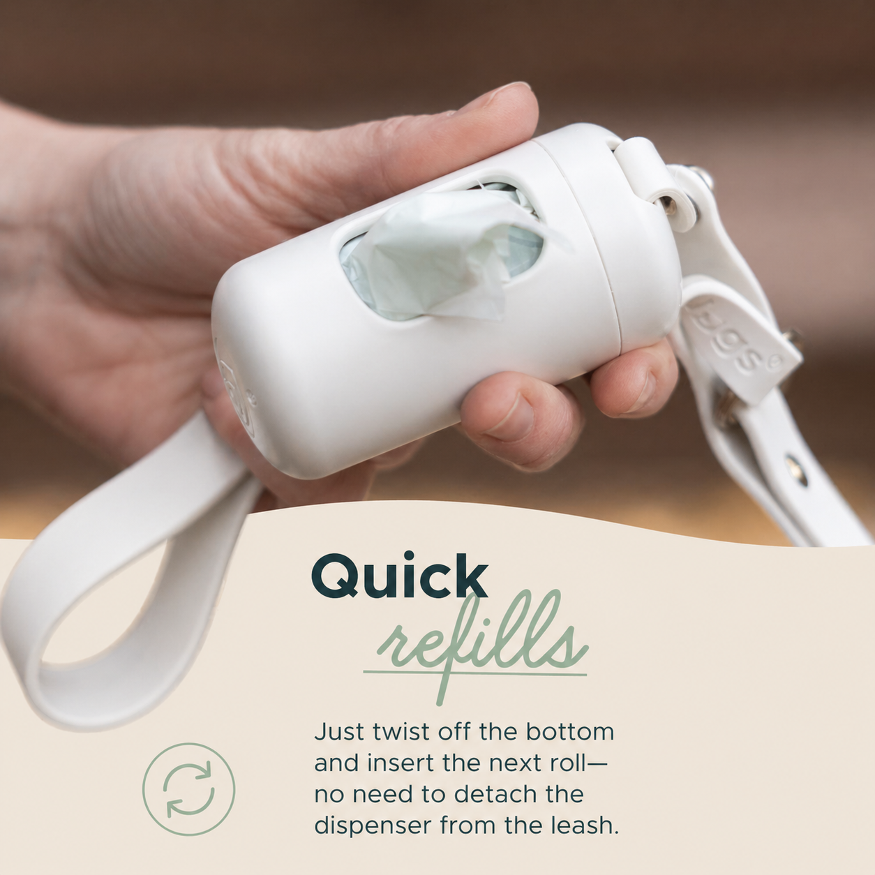 Dog poop bag dispenser showing quick refill feature with twist-off bottom, easy bag replacement while attached to leash
