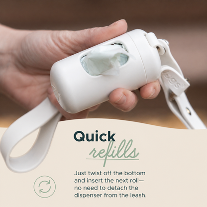 Dog poop bag dispenser showing quick refill feature with twist-off bottom, easy bag replacement while attached to leash