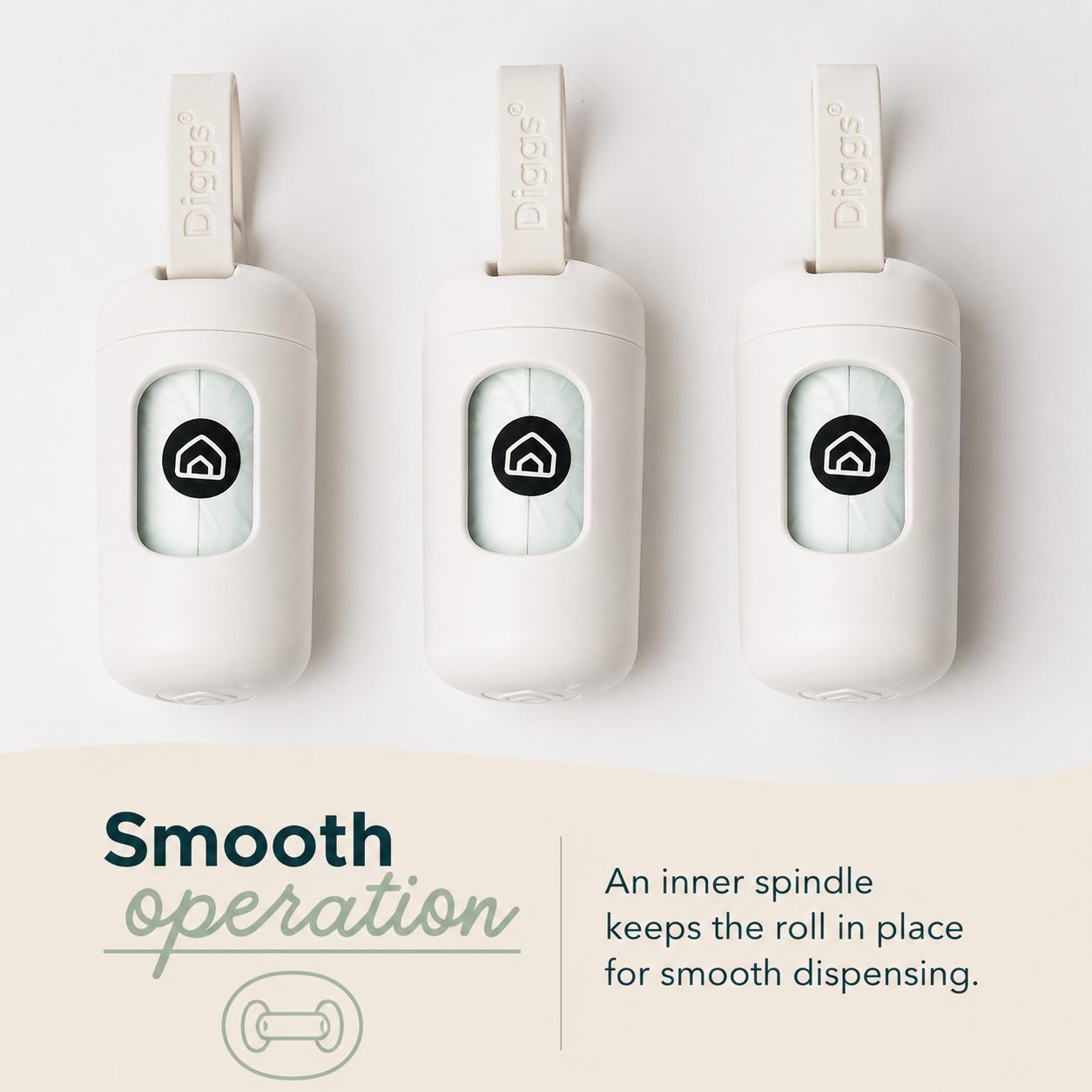 White dog poop bag dispenser with smooth dispensing design and inner spindle feature for easy and controlled bag use during walks