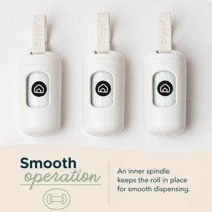 White dog poop bag dispenser with smooth dispensing design and inner spindle feature for easy and controlled bag use during walks