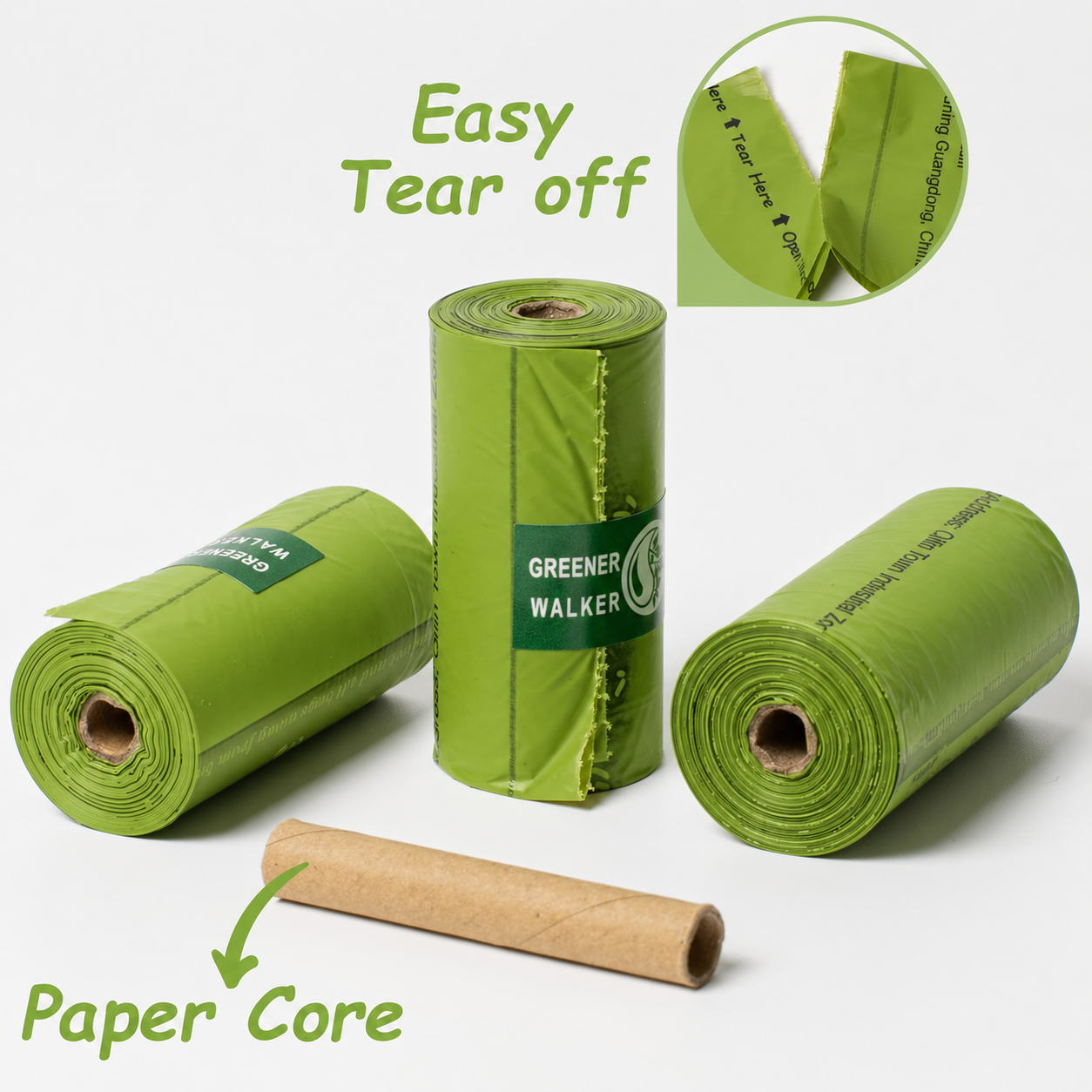 Eco-friendly dog poop bag rolls with easy tear-off design and paper core, strong leak-proof green waste bags for convenient pet cleanup