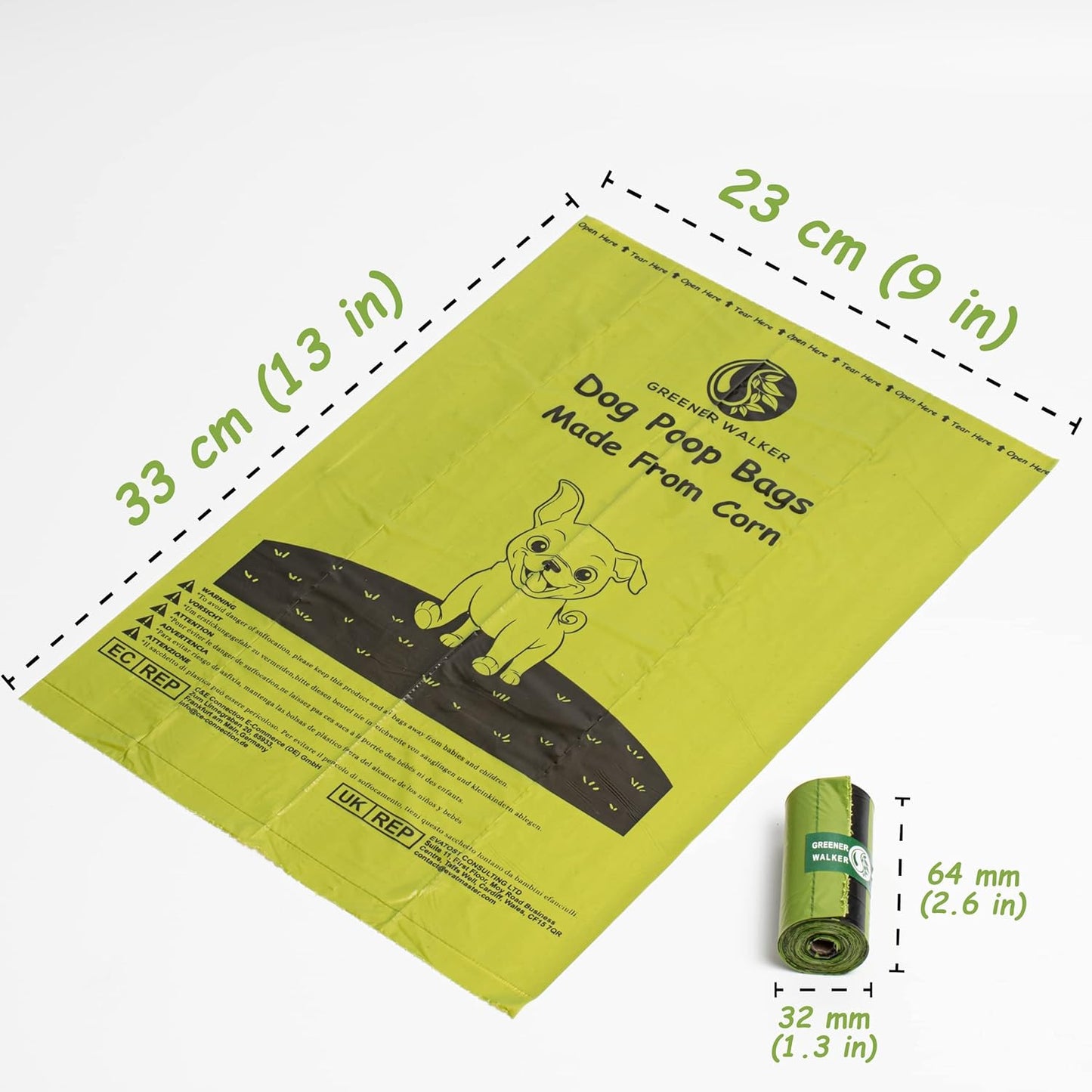 Dog poop bags size dimensions 33x23 cm with roll size details, eco-friendly leak-proof waste bags made from corn for all dog sizes