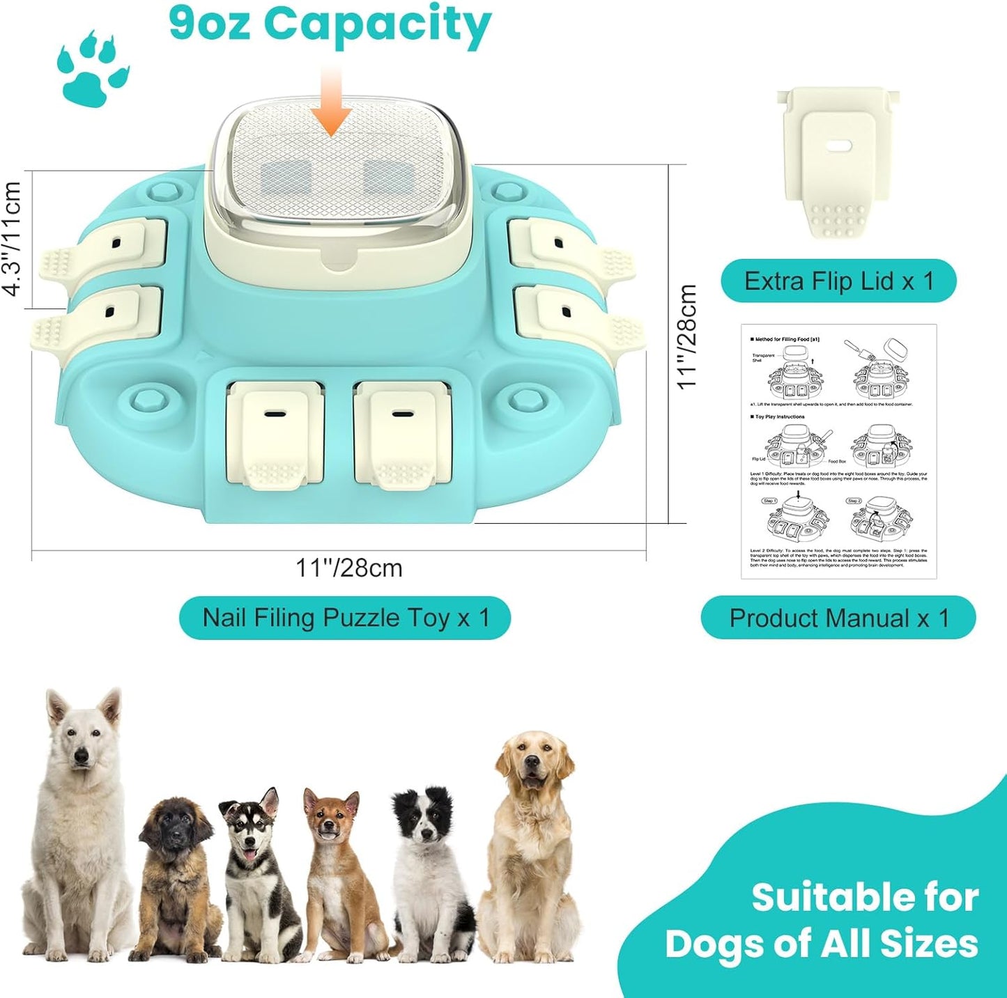 Dog puzzle feeder with 9oz capacity showing product dimensions included accessories and suitable for small medium and large dogs