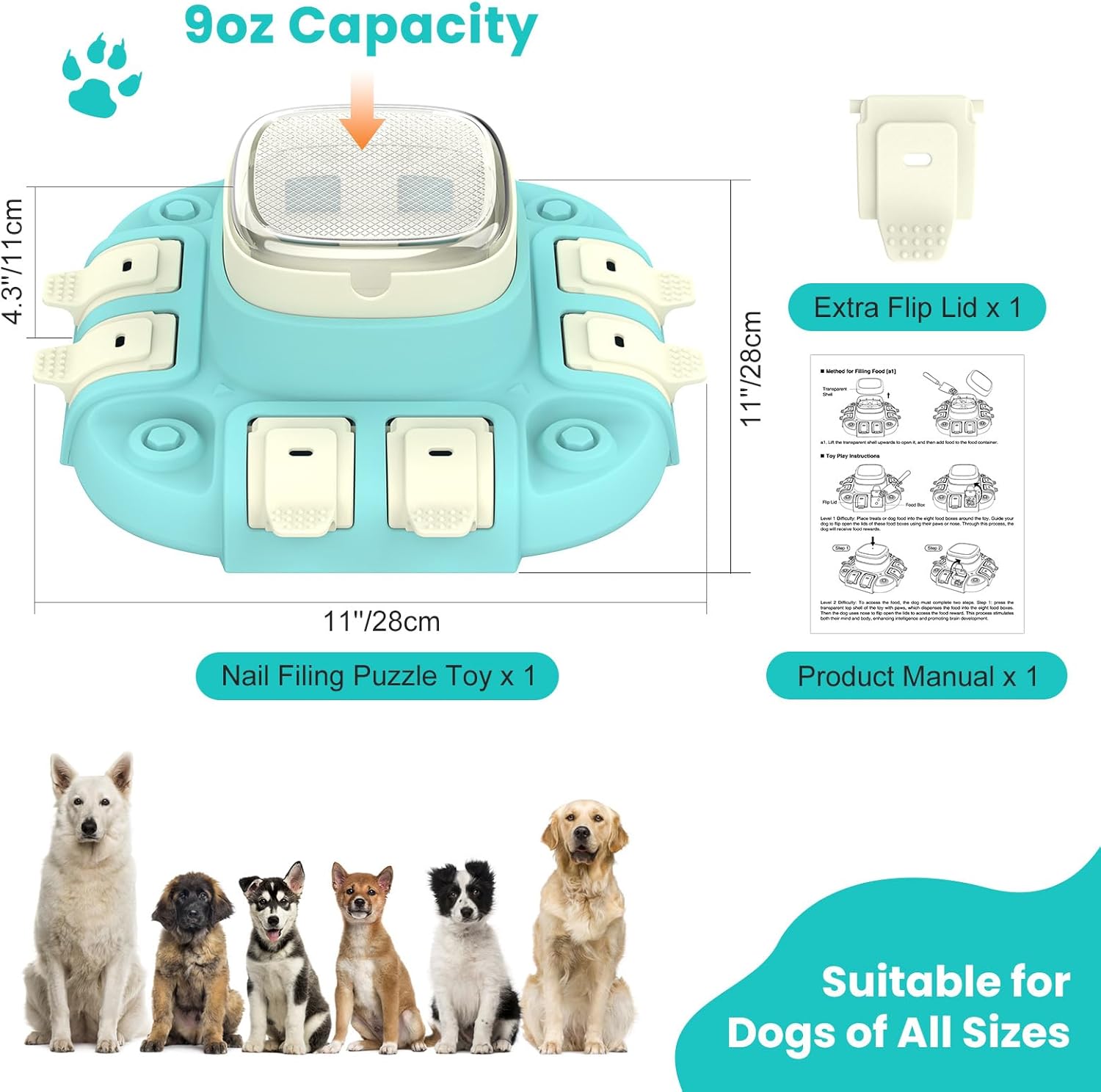 Dog puzzle feeder with 9oz capacity showing product dimensions included accessories and suitable for small medium and large dogs