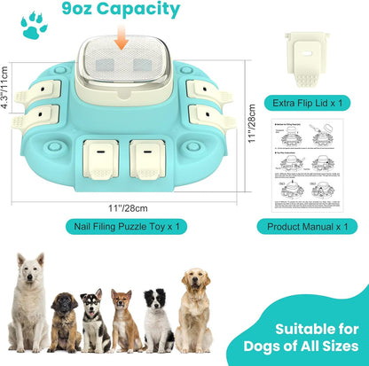 Dog puzzle feeder with 9oz capacity showing product dimensions included accessories and suitable for small medium and large dogs