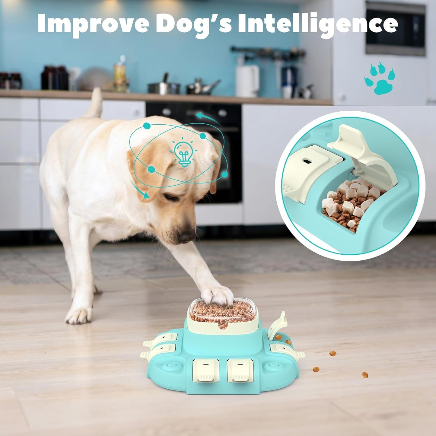 Dog playing with interactive puzzle feeder toy to improve intelligence and mental stimulation during feeding time