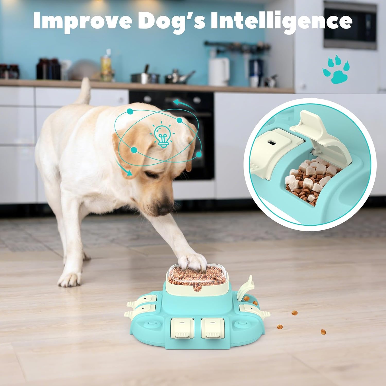 Dog playing with interactive puzzle feeder toy to improve intelligence and mental stimulation during feeding time
