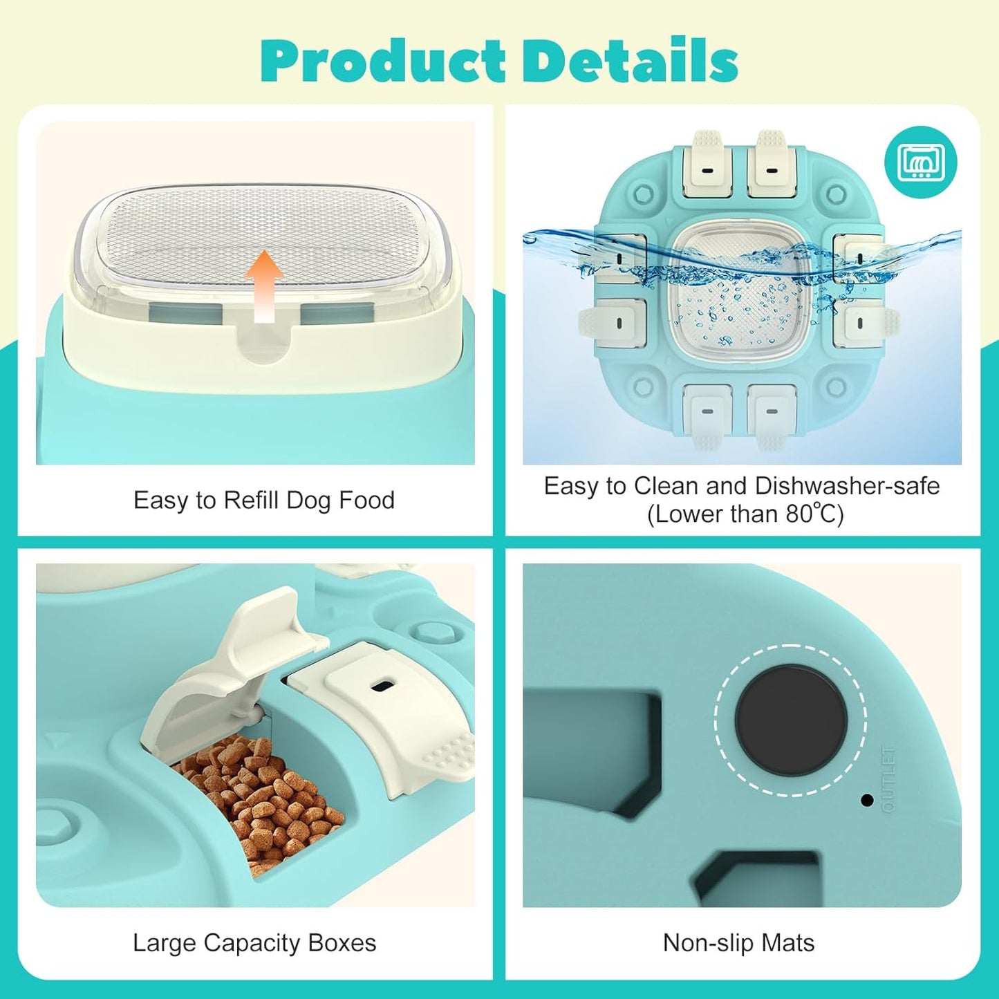 Dog puzzle feeder product details showing easy refill design dishwasher safe cleaning large food compartments and non slip base