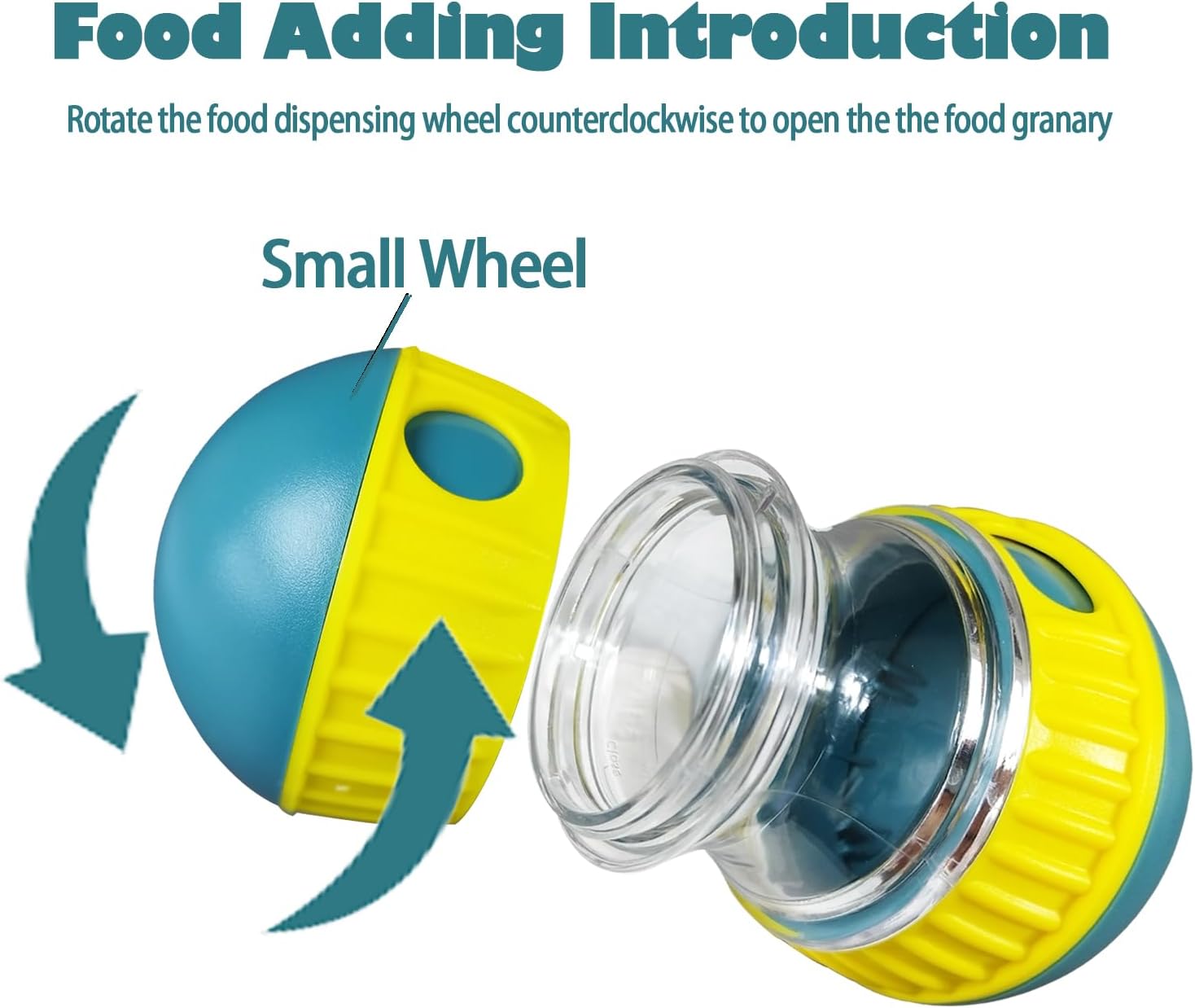 Dog puzzle treat dispenser toy showing how to open and fill food compartment, interactive slow feeder ball for dogs with adjustable feeding system