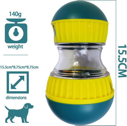 Dog puzzle treat dispenser ball showing size, weight (140g), and dimensions (15.5cm), interactive slow feeder toy for dogs of all sizes