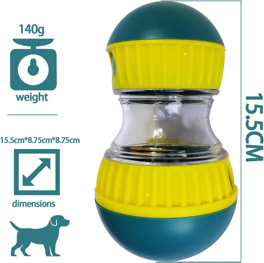 Dog puzzle treat dispenser ball showing size, weight (140g), and dimensions (15.5cm), interactive slow feeder toy for dogs of all sizes