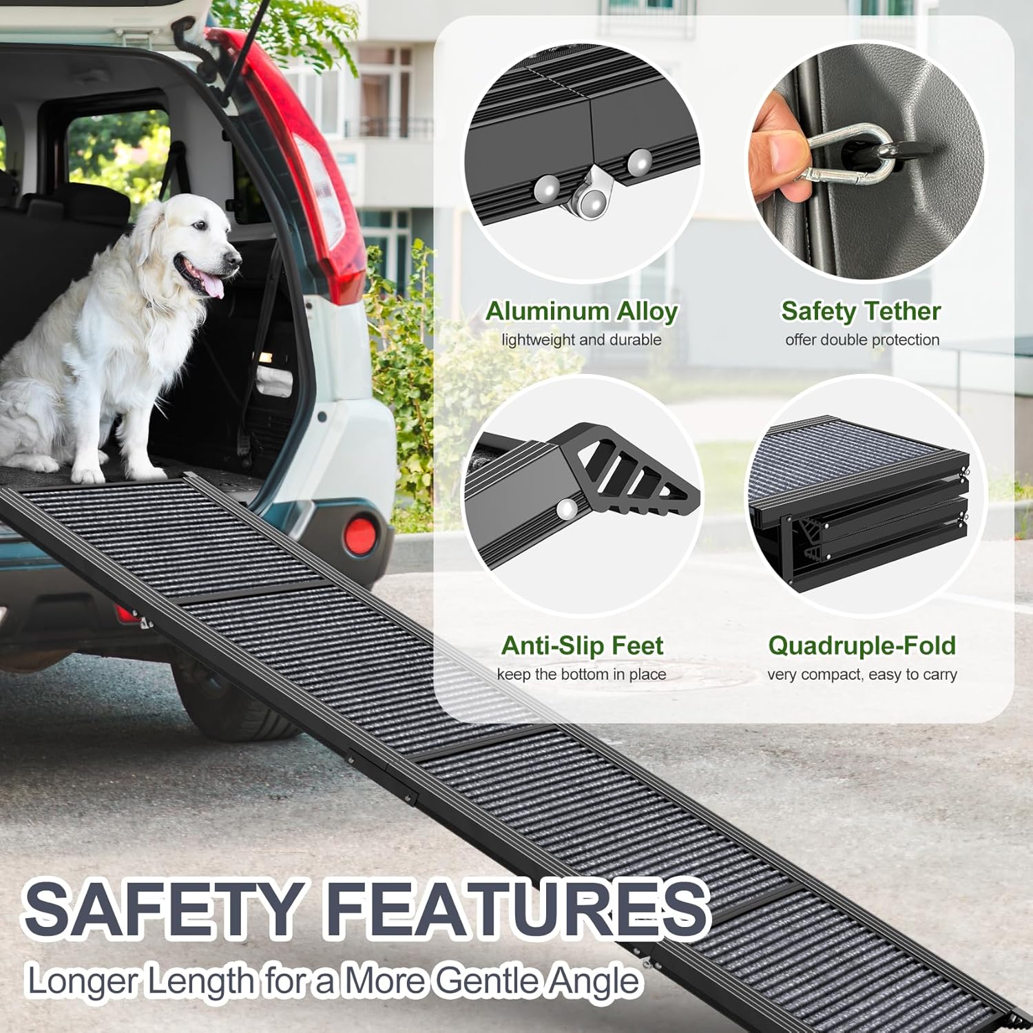 Dog ramp with safety features including aluminum frame, anti-slip feet, secure tether, and foldable design for safe car access