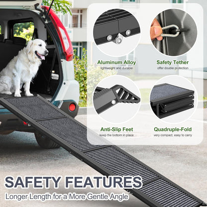 Dog ramp with safety features including aluminum frame, anti-slip feet, secure tether, and foldable design for safe car access