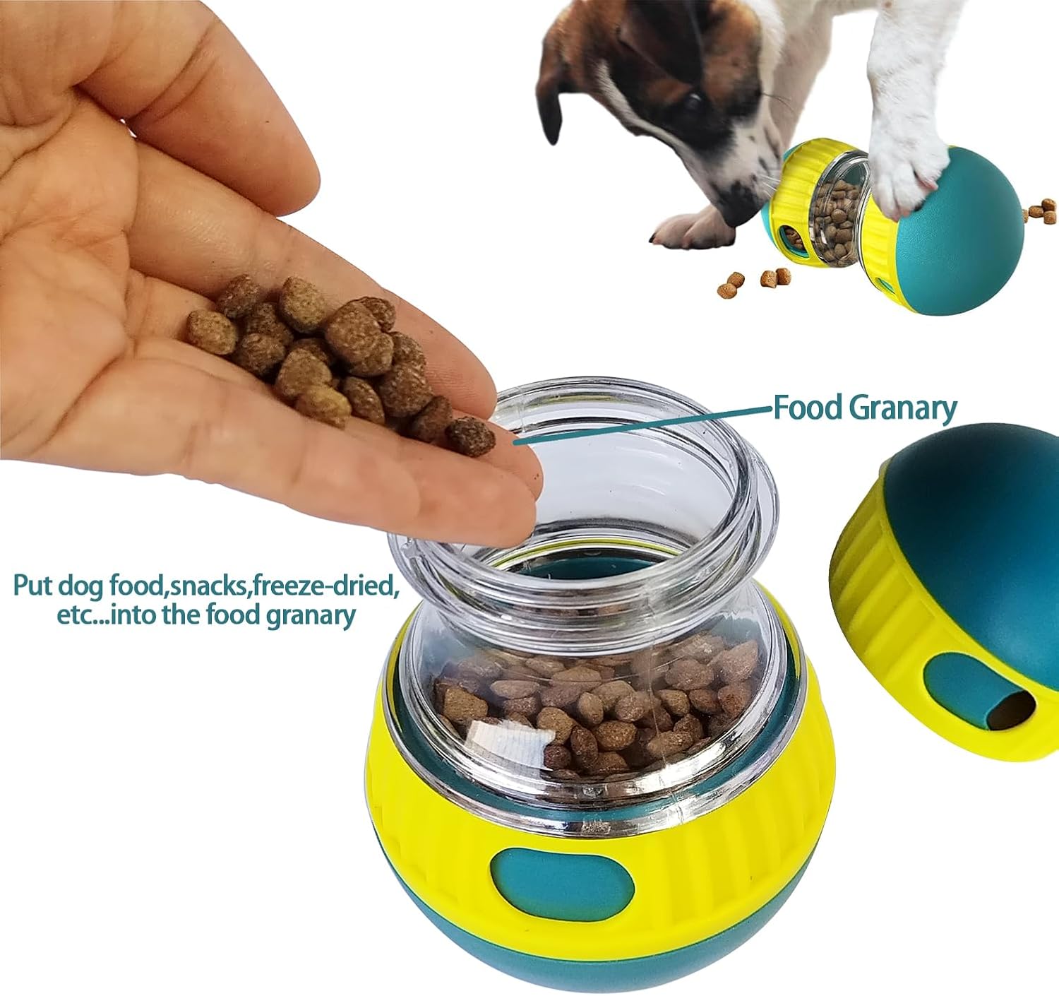 Hand filling dog treat dispenser ball with kibble, interactive puzzle feeder toy designed for slow feeding, mental stimulation, and boredom relief in dogs