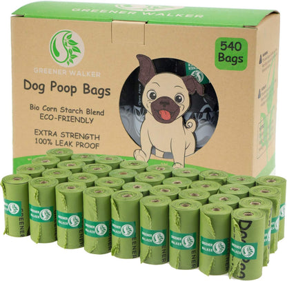 Eco-friendly dog poop bags 540 pack, extra thick green leak-proof waste bags with rolls and dispenser box for easy pet cleanup