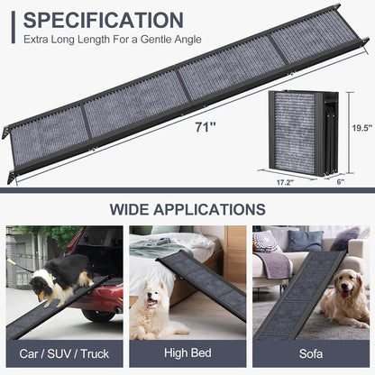 Extra long 71 inch dog ramp specifications with foldable design, showing use for car SUV truck, bed and sofa access for dogs