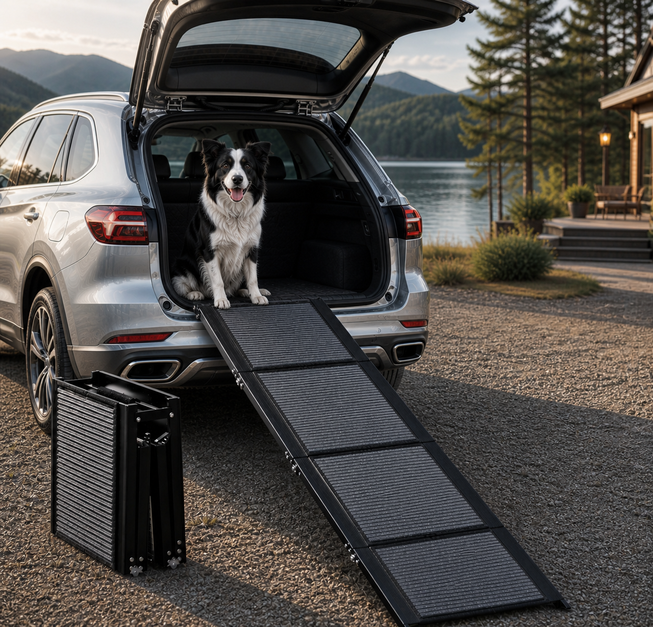 Extra long foldable dog ramp for car SUV with non-slip surface, helping large dog safely enter vehicle from ground