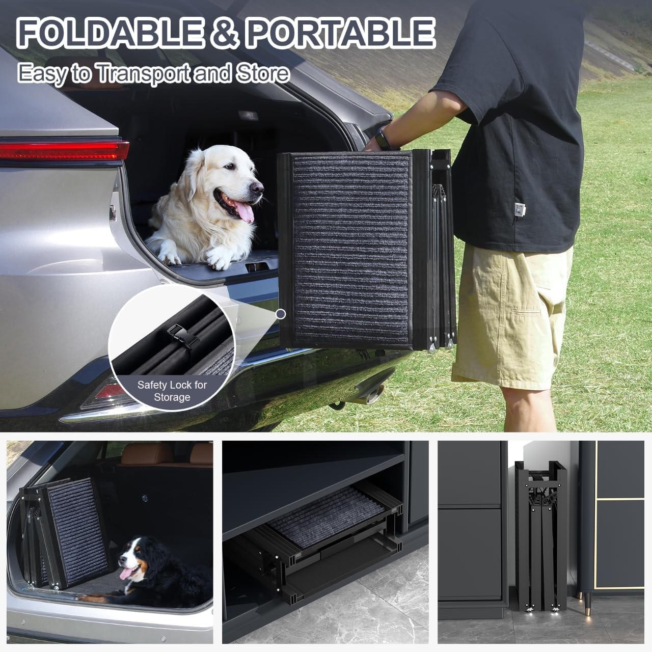 Foldable portable dog ramp being stored in car trunk, compact design with safety lock for easy transport and storage