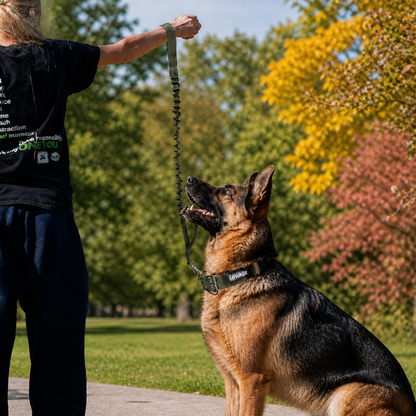 German Shepherd dog training with bungee dog leash featuring dual control handles and elastic shock absorption in outdoor park