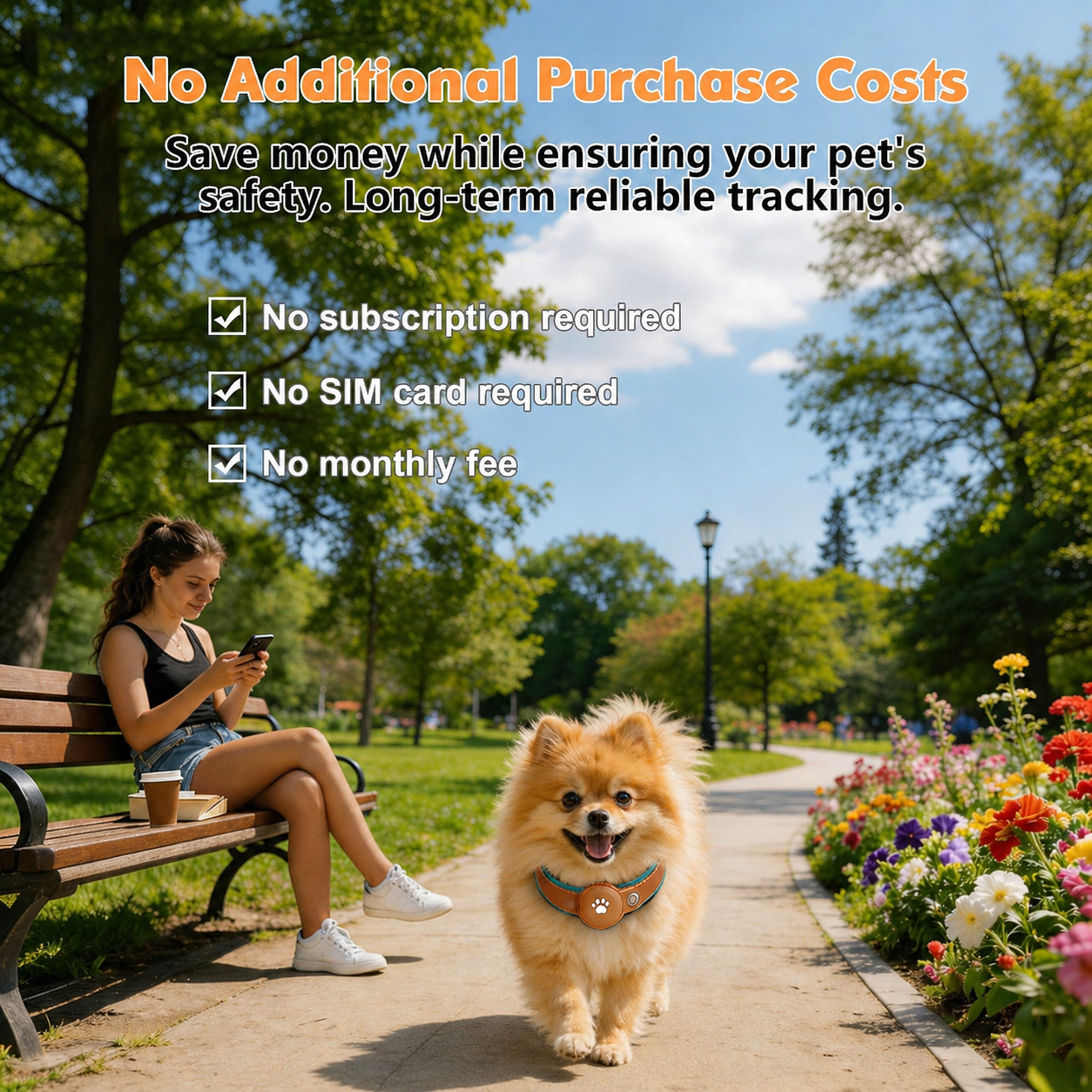 German Spitz dog running in park wearing GPS tracking collar with no subscription fee while owner tracks location on smartphone