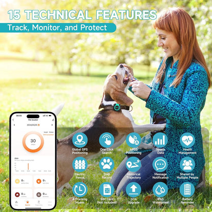 Woman playing with dog wearing GPS tracker showing health monitoring, activity tracking, and real-time pet tracking features on mobile app