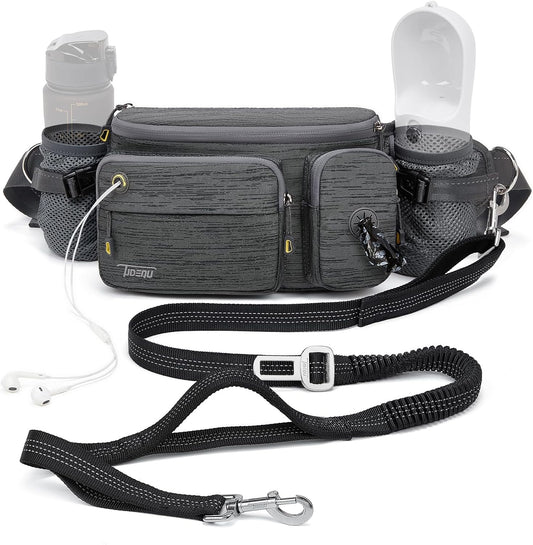 Hands-free dog leash belt with fanny pack, shock-absorbing leash and dual water bottle holders for walking and running dogs