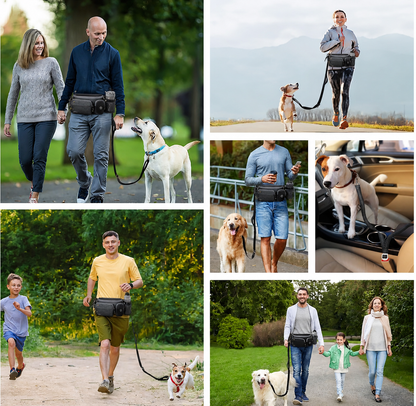 People walking and running with dogs using a hands-free dog leash belt with fanny pack in outdoor lifestyle scenes