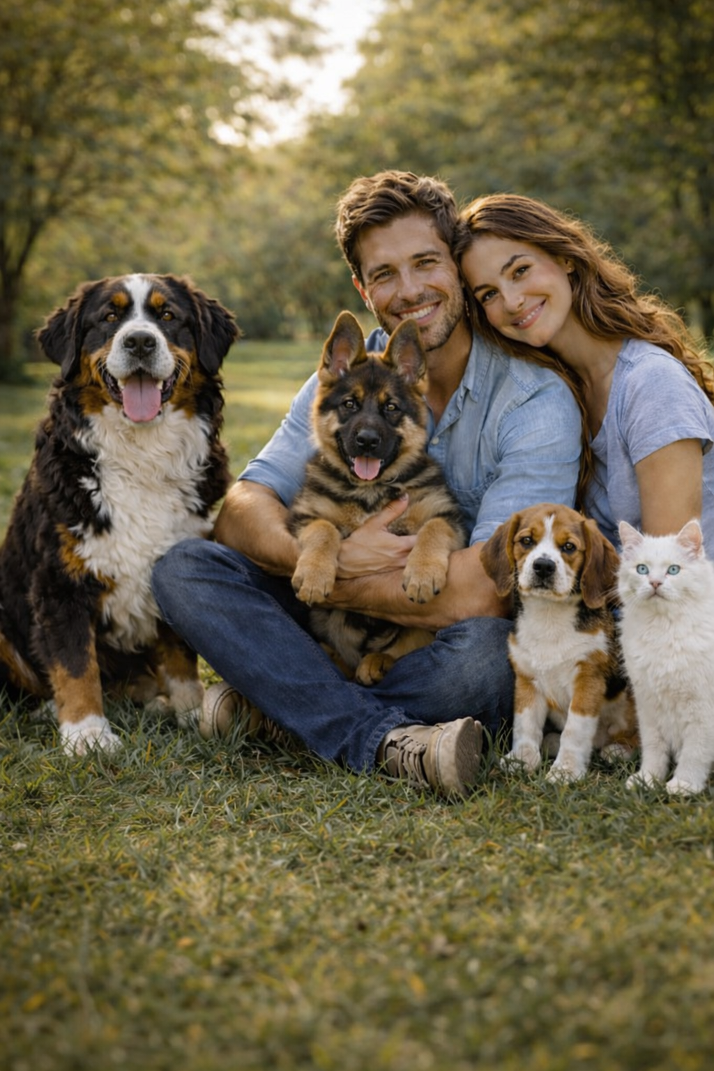 Happy pet family with dogs and cat in park – loving bond between owners and pets, ideal pet lifestyle and care concept