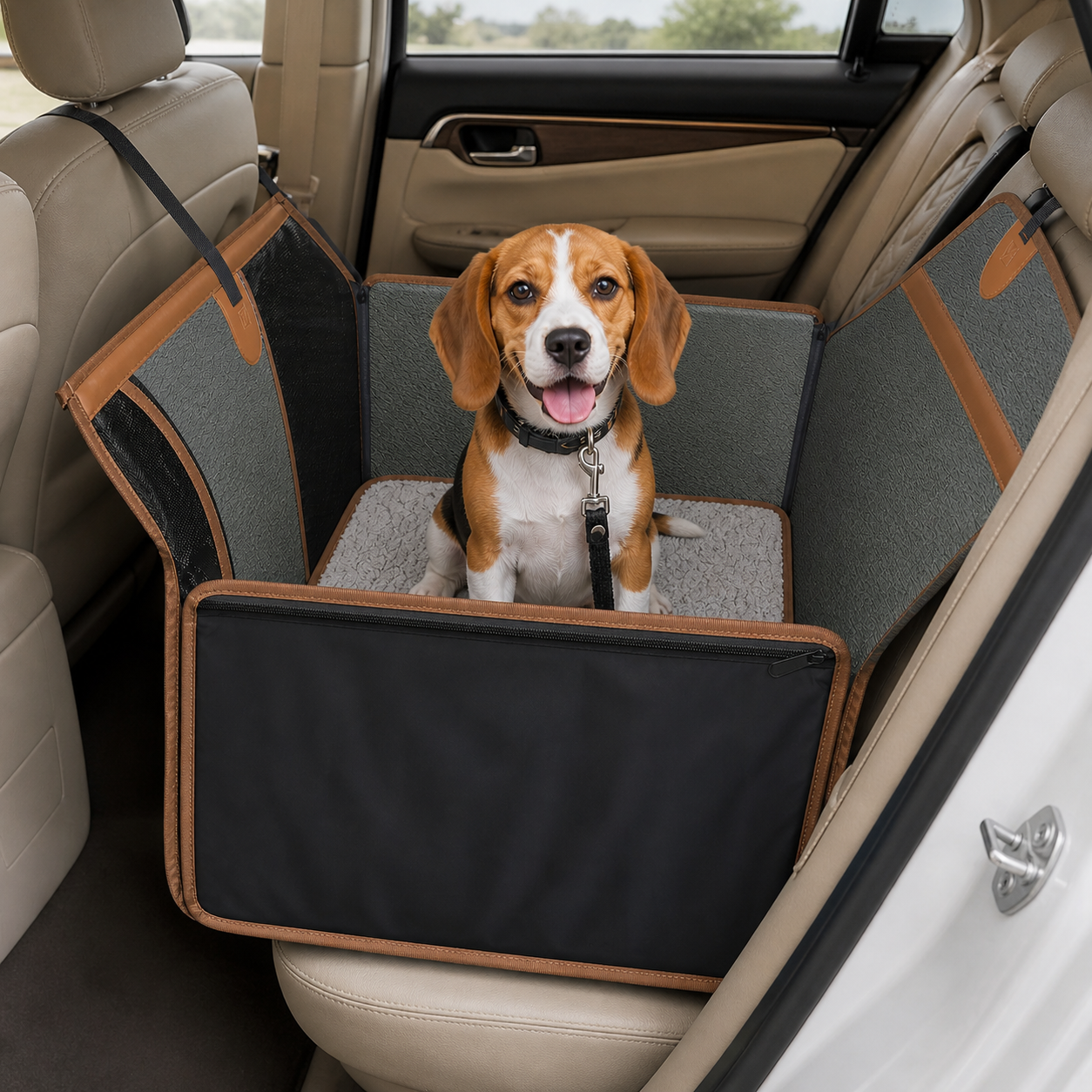 Beagle dog sitting in a hard bottom dog car seat with safety leash in a car backseat, waterproof pet travel bed with side protection panels