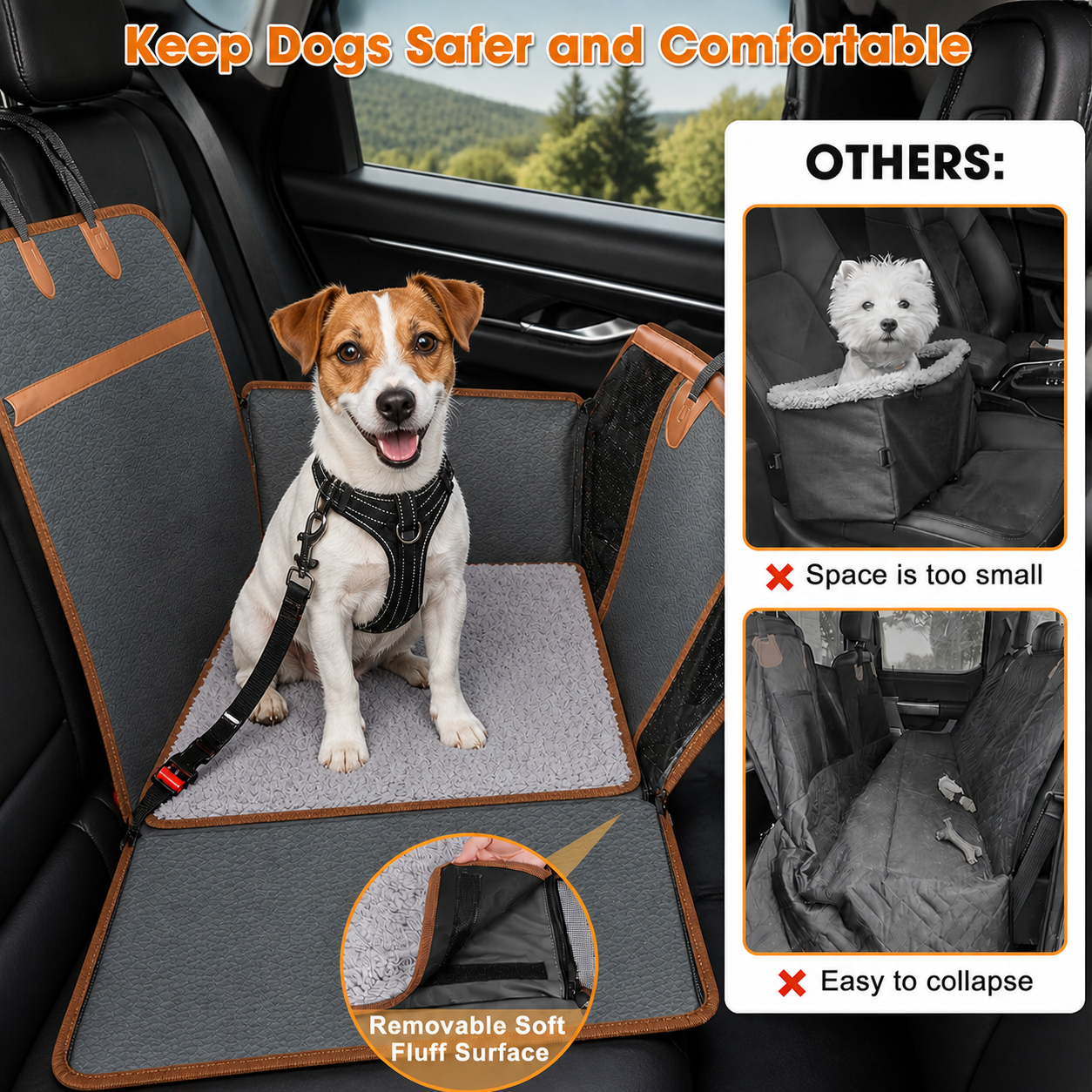 Dog sitting in a hard bottom dog car seat showing stable design with removable soft mat and comparison to unstable soft car seat cover on backseat