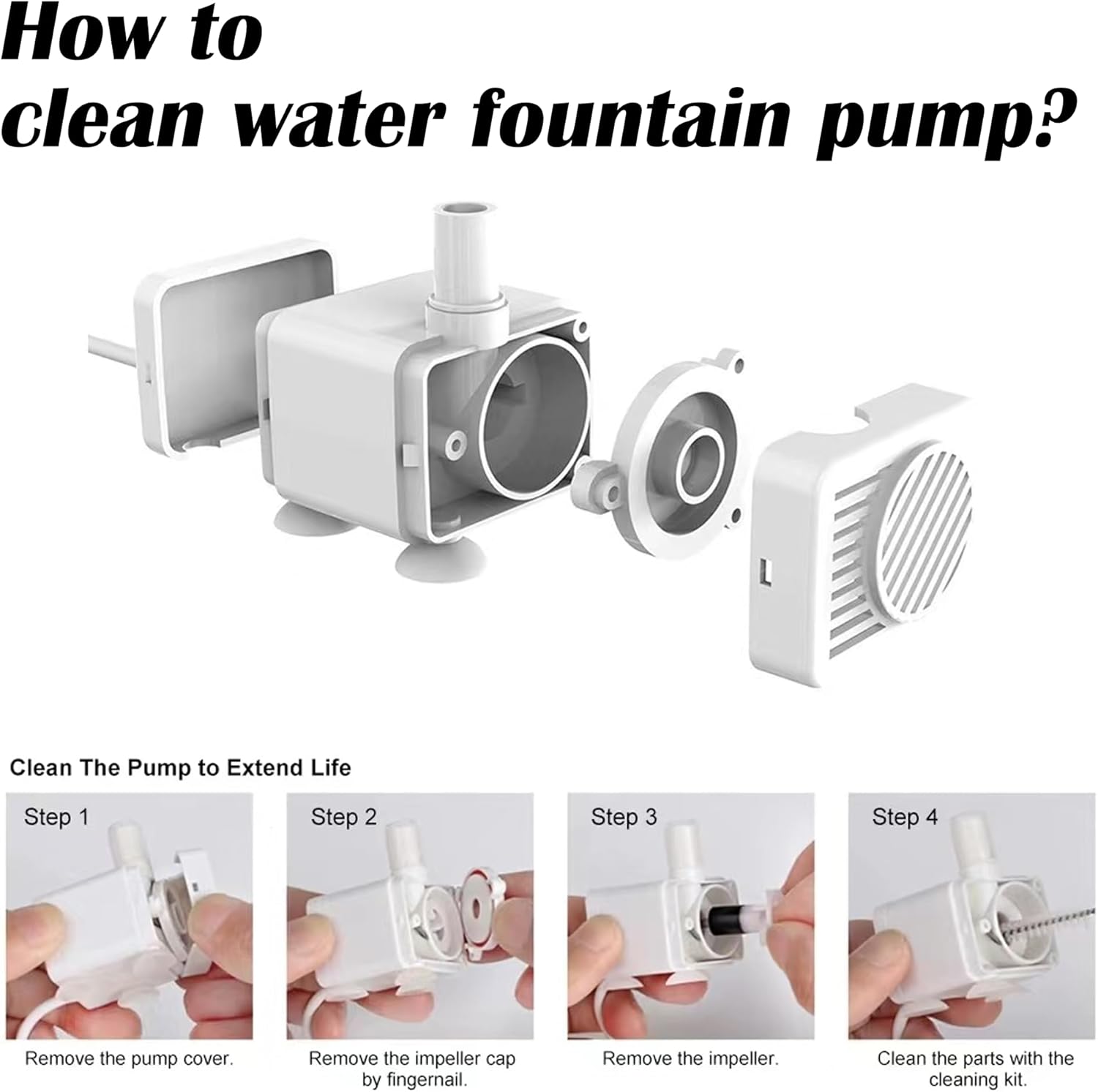 step by step guide showing how to clean a pet water fountain pump including removing cover impeller and cleaning parts for better hygiene