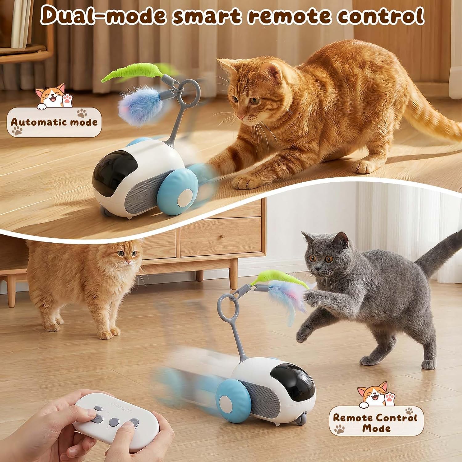 cats playing with interactive cat toy car in automatic and remote control modes with moving teaser and smart dual mode functionality