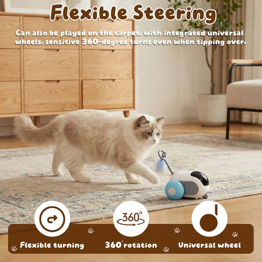 cat playing with interactive toy car on carpet featuring flexible steering, 360 degree rotation, and universal wheels for smooth movement
