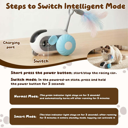 interactive cat toy car showing charging port, power switch, and instructions for switching between normal and smart modes for automated cat play