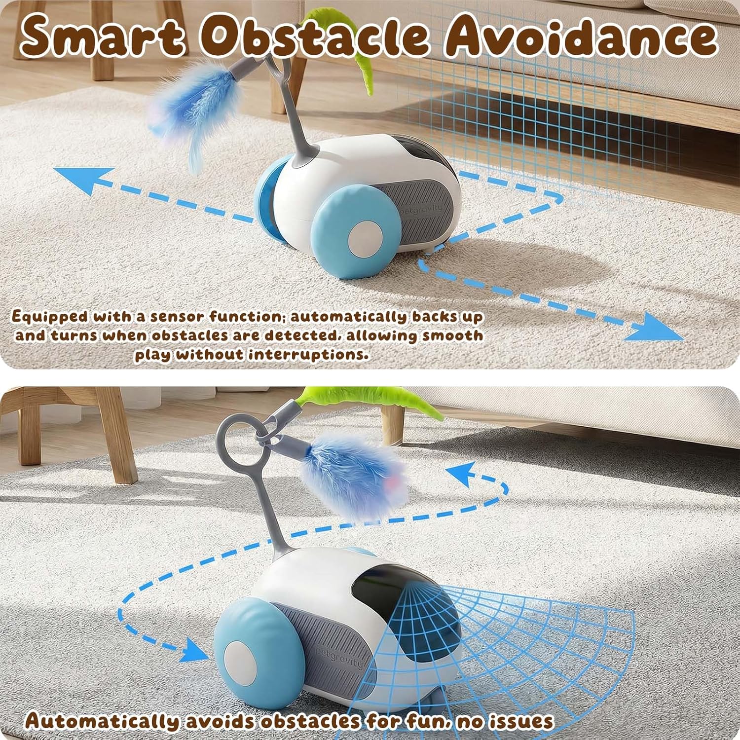 interactive cat toy car with smart obstacle avoidance sensor automatically navigating around furniture for smooth uninterrupted play