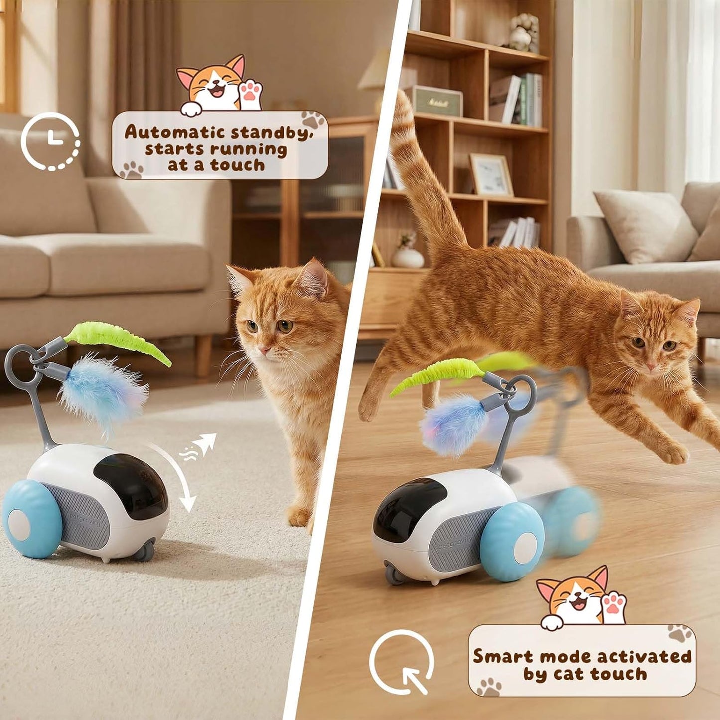 cat activating interactive toy car with smart touch sensor featuring automatic standby mode and motion activation for indoor cat play