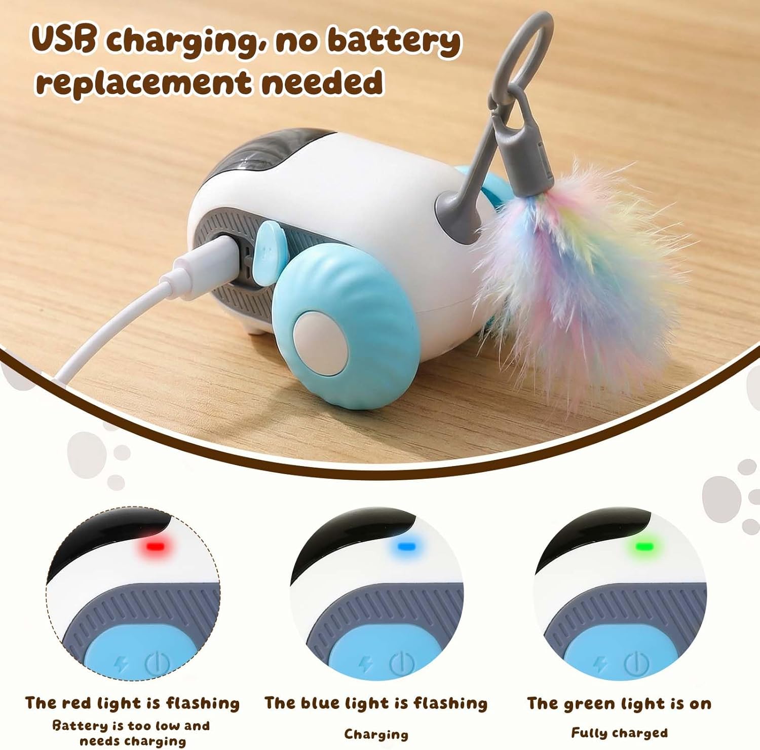 interactive cat toy car charging via USB cable with LED indicators showing battery status including low battery, charging, and fully charged modes