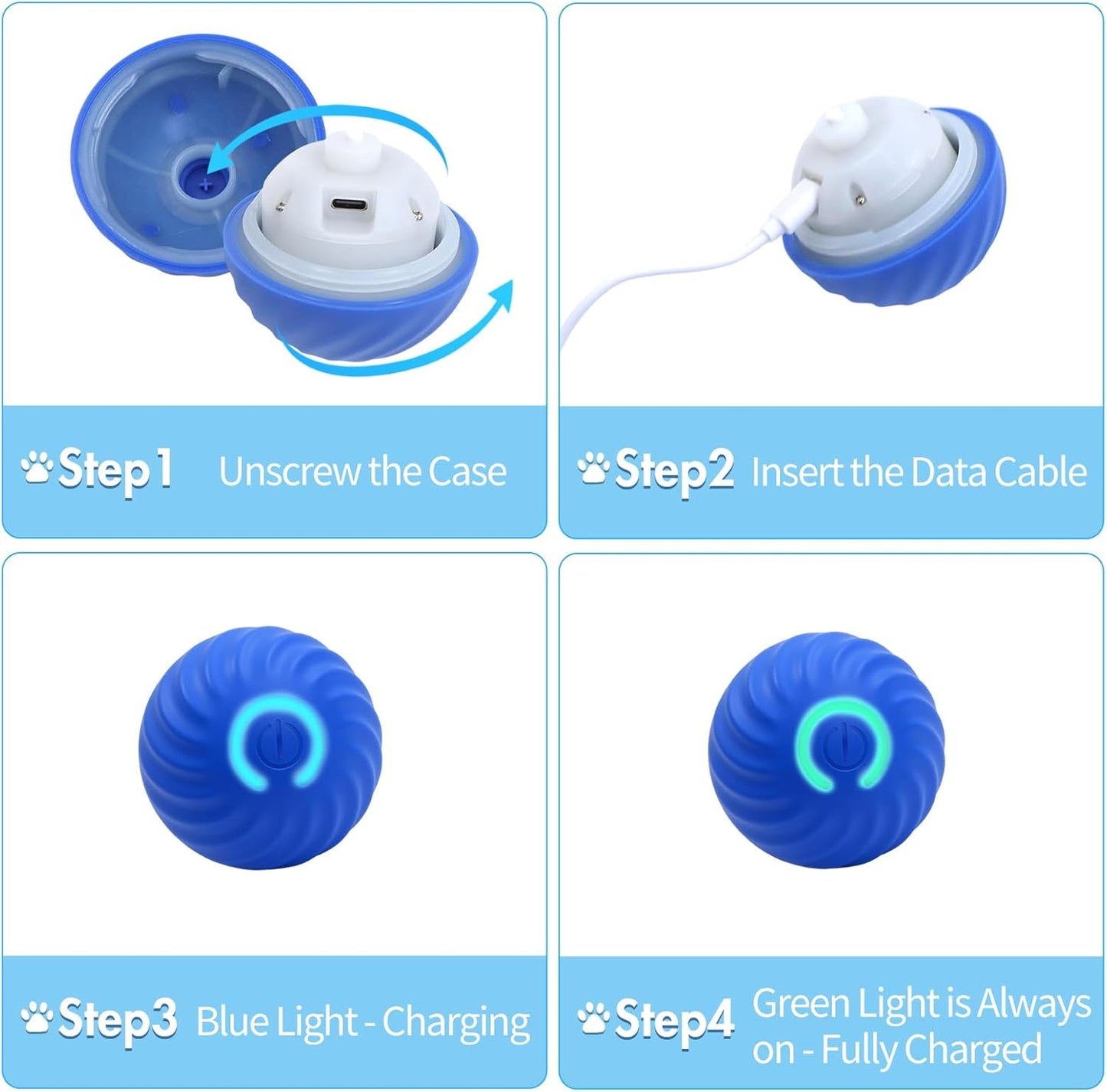 step by step charging instructions for interactive dog ball showing unscrew case usb charging blue light charging and green light fully charged
