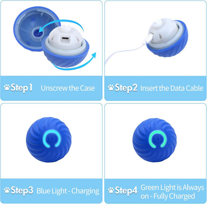 step by step charging instructions for interactive dog ball showing unscrew case usb charging blue light charging and green light fully charged