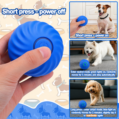 interactive dog ball power button instructions showing short press power on off and smart mode with dogs playing and LED light features
