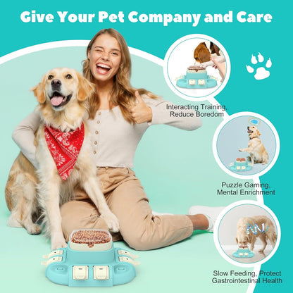 Happy dog owner with dog using interactive puzzle feeder toy for mental enrichment training reduced boredom and slow feeding benefits