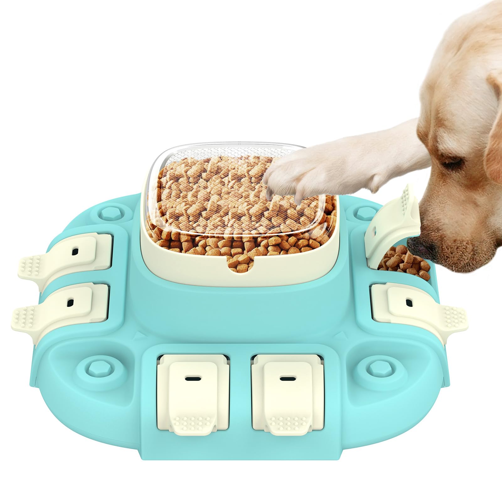Dog using interactive puzzle feeder slow feeder toy with hidden compartments for mental stimulation and healthy eating