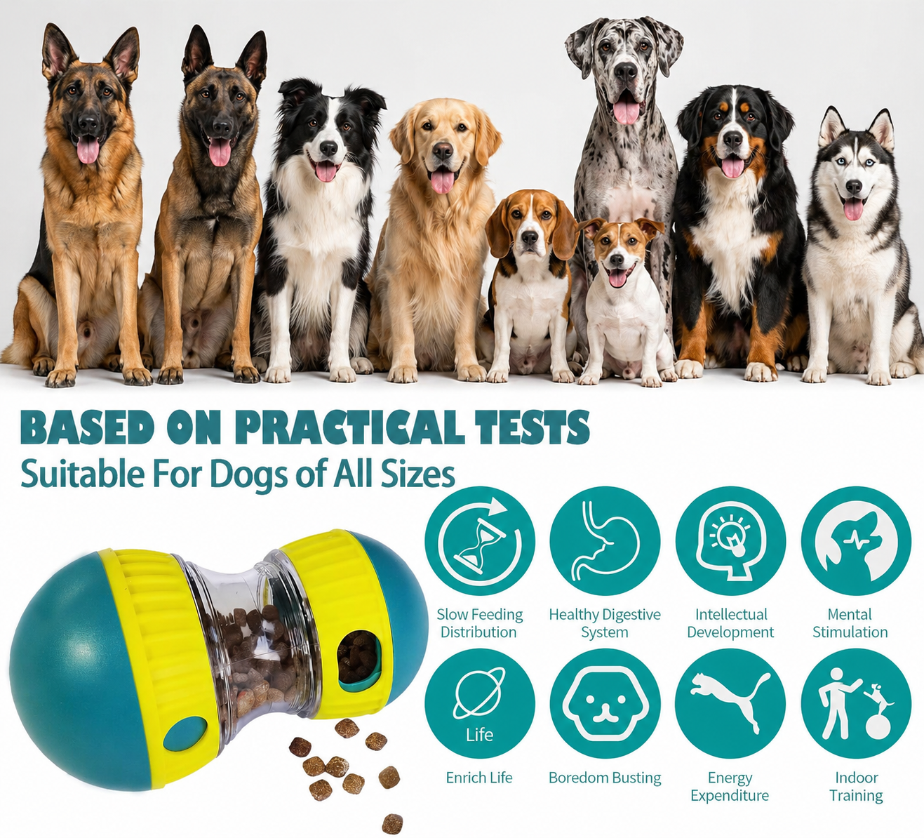 Interactive dog puzzle treat dispenser toy suitable for all dog breeds, showing benefits like slow feeding, mental stimulation, digestion support, and boredom relief