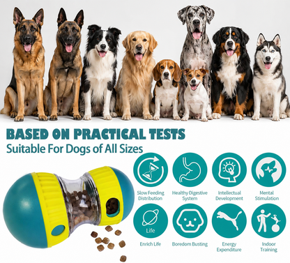 Interactive dog puzzle treat dispenser toy suitable for all dog breeds, showing benefits like slow feeding, mental stimulation, digestion support, and boredom relief