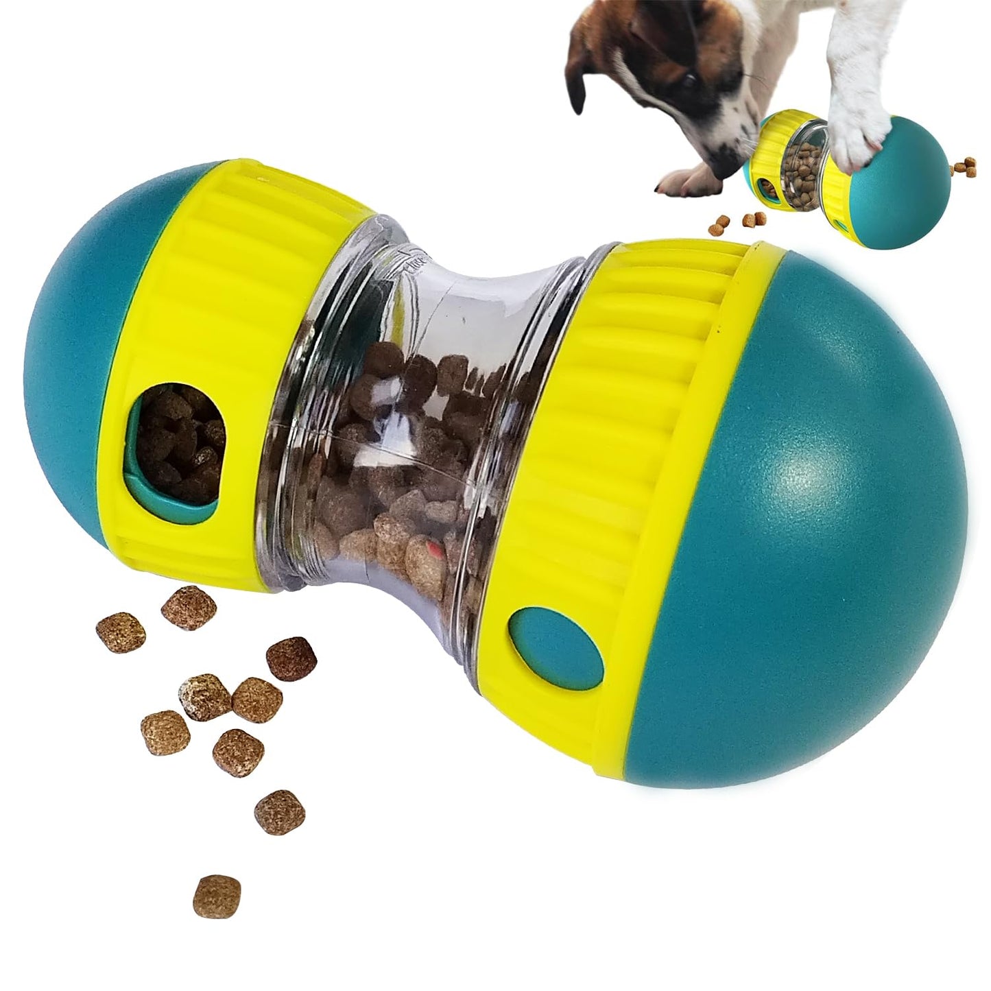 Interactive dog puzzle treat dispenser ball filled with kibble, slow feeder toy for mental stimulation, boredom relief, and healthy digestion for dogs